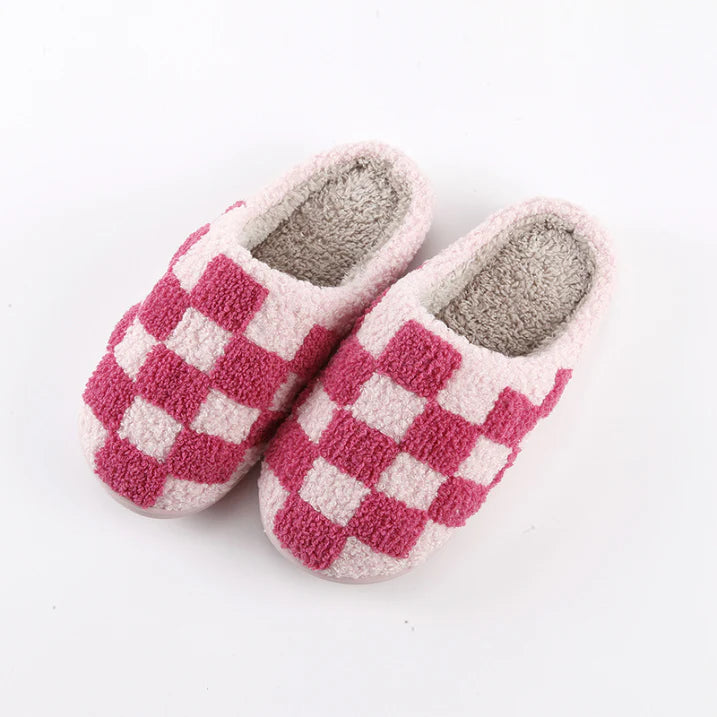 Unisex Geblokte Pantoffels – Warme & Antislip Huisschoenen met Schaakbordpatroon