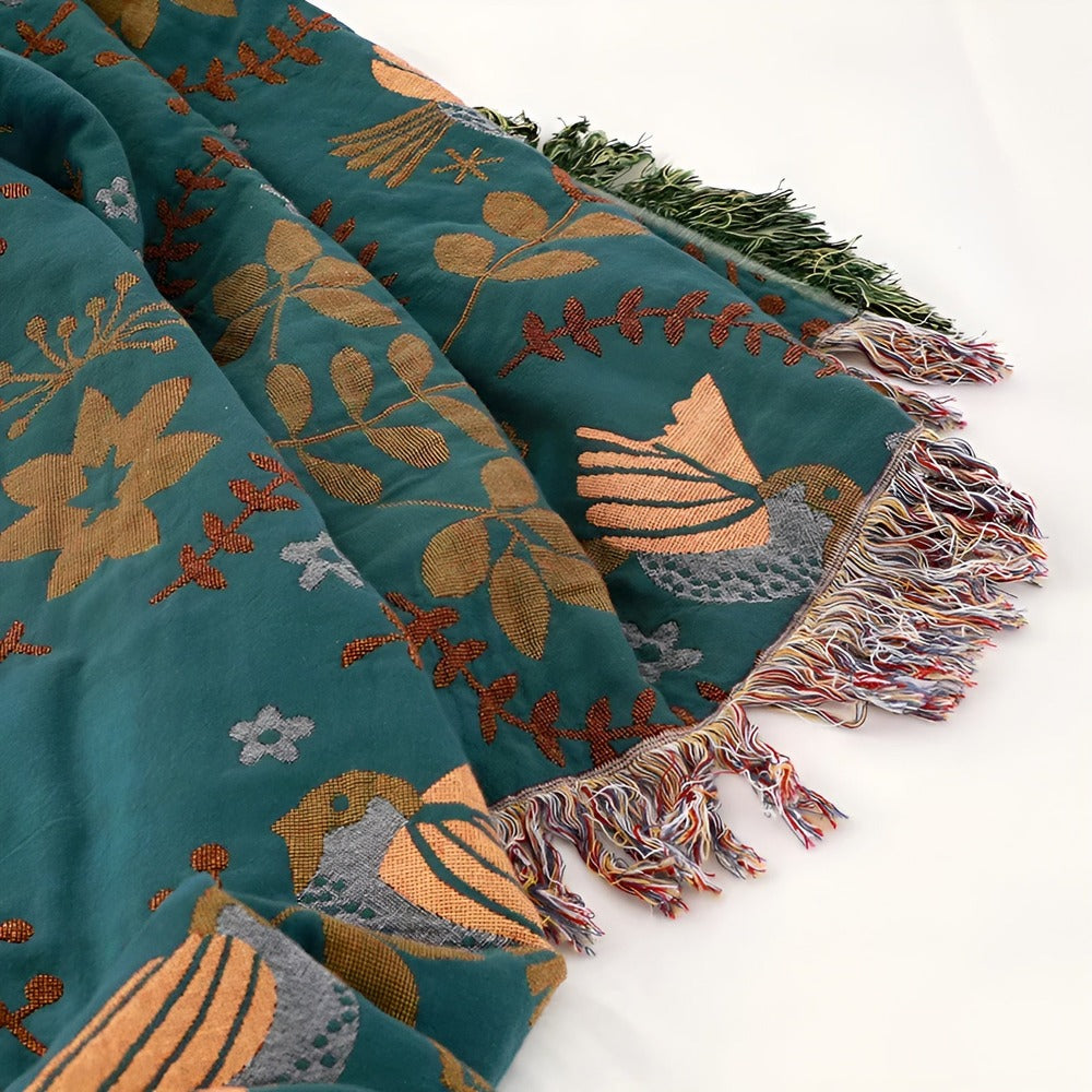 Boho Geborduurde Deken – Omkeerbare Katoenen Fleece met Vogels en Bloemen 200x230 cm