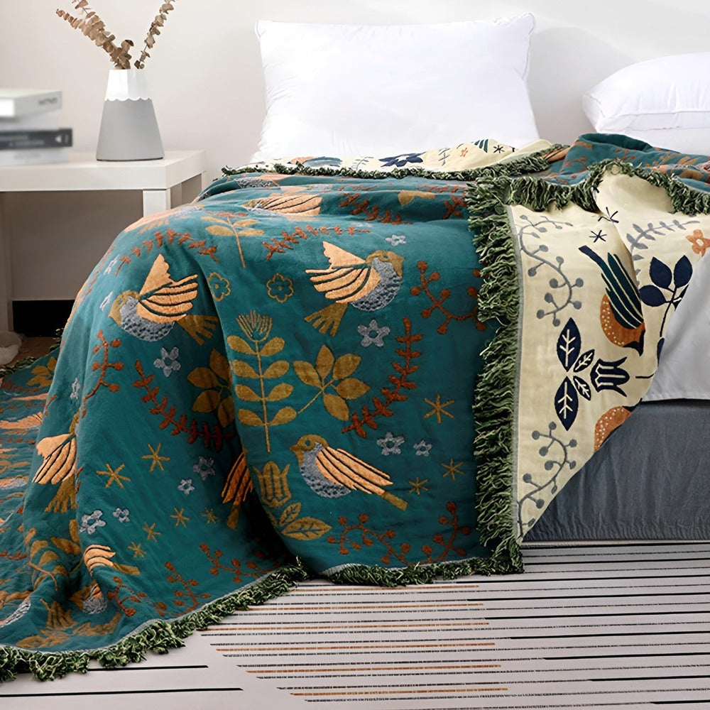 Boho Geborduurde Deken – Omkeerbare Katoenen Fleece met Vogels en Bloemen 200x230 cm