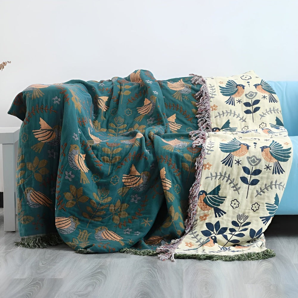 Boho Geborduurde Deken – Omkeerbare Katoenen Fleece met Vogels en Bloemen 200x230 cm