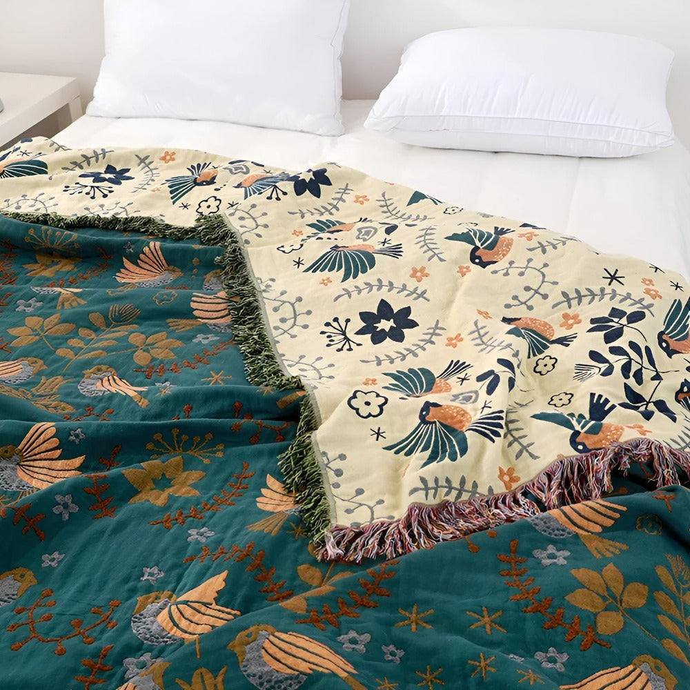 Boho Geborduurde Deken – Omkeerbare Katoenen Fleece met Vogels en Bloemen 200x230 cm
