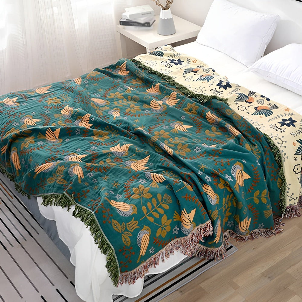 Boho Geborduurde Deken – Omkeerbare Katoenen Fleece met Vogels en Bloemen 200x230 cm