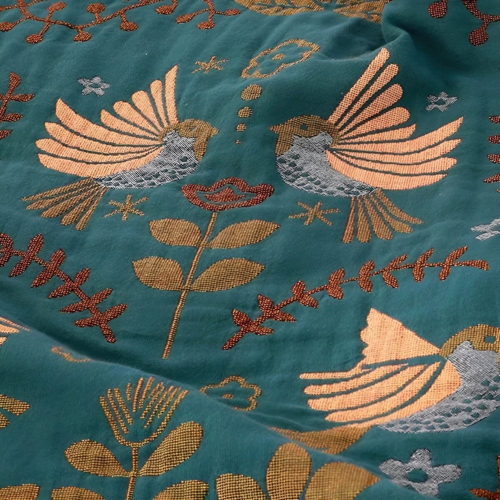 Boho Geborduurde Deken – Omkeerbare Katoenen Fleece met Vogels en Bloemen 200x230 cm