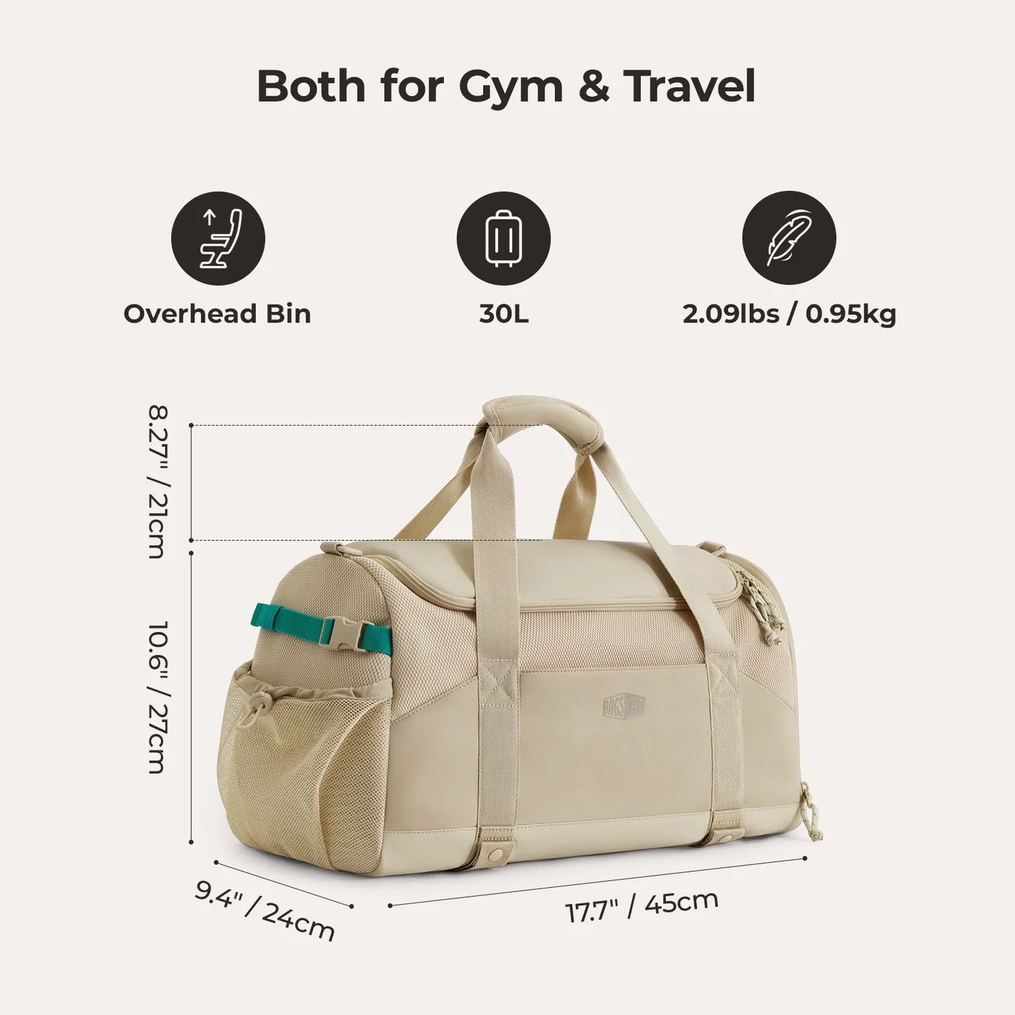 Beige Duffeltas 36L – Waterafstotende Sport- & Reistas met Schoenenvak en Meerdere Vakken voor Gym & Reizen