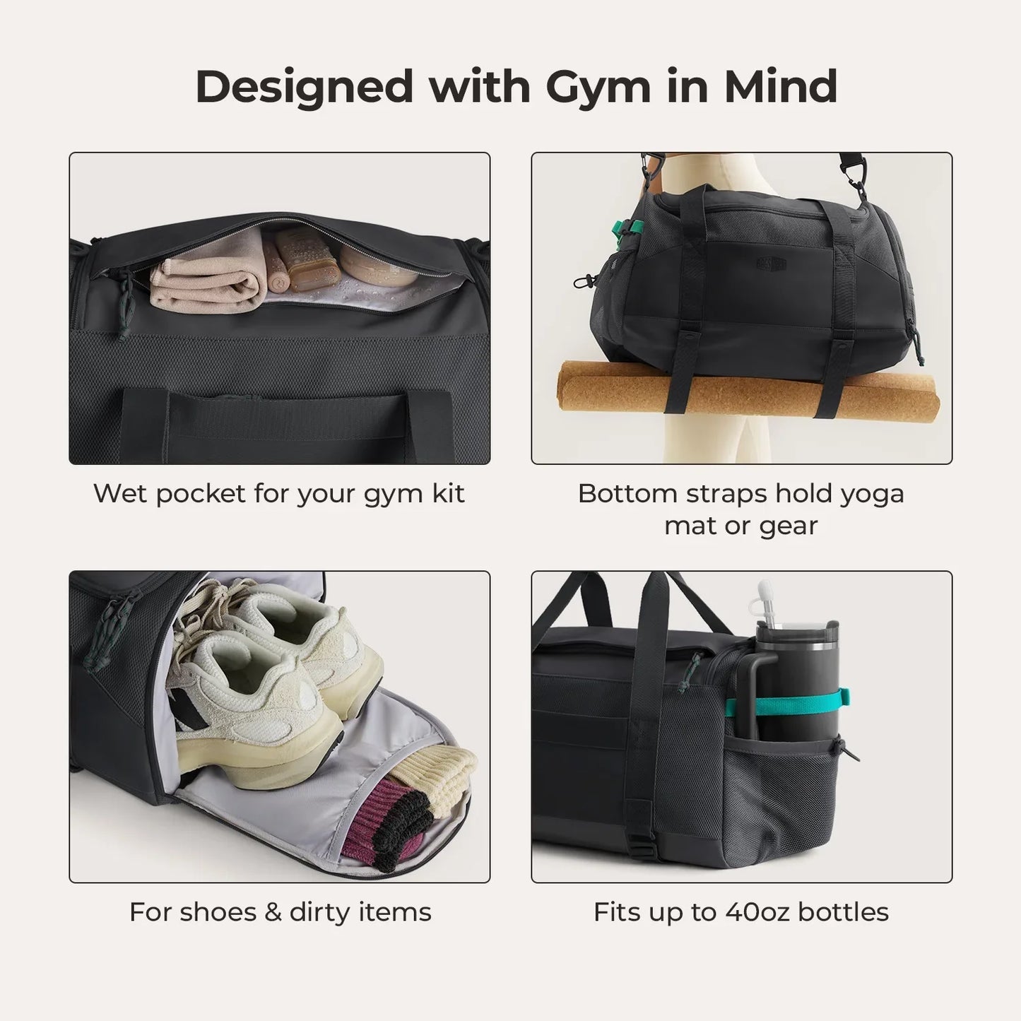 Beige Duffeltas 36L – Waterafstotende Sport- & Reistas met Schoenenvak en Meerdere Vakken voor Gym & Reizen