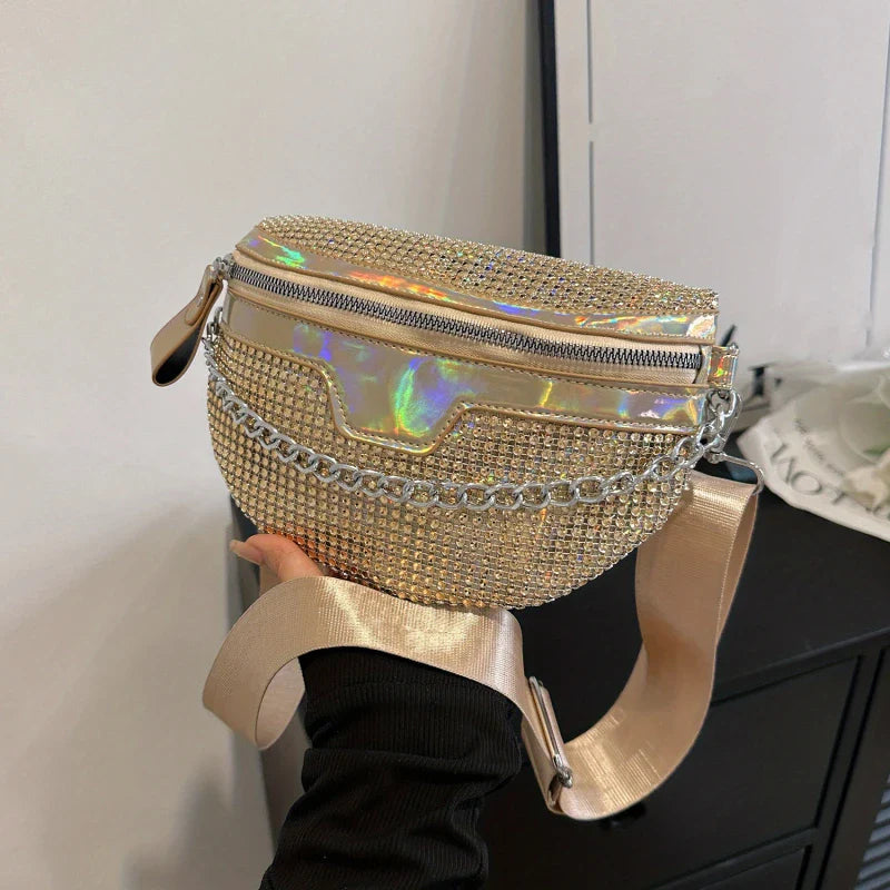 Luxe Crossbody Heuptas – Gouden Schoudertas met Strass Details