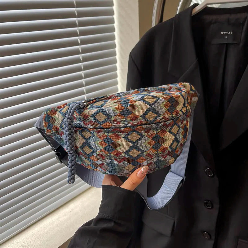 Geometrische Crossbody Bananentas – Stijlvolle Heuptas met Uniek Patroon