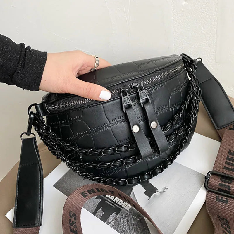 Trendy Crossbody Heuptas – Zwarte Schoudertas met Gevlochten Detail & Verstelbare Band