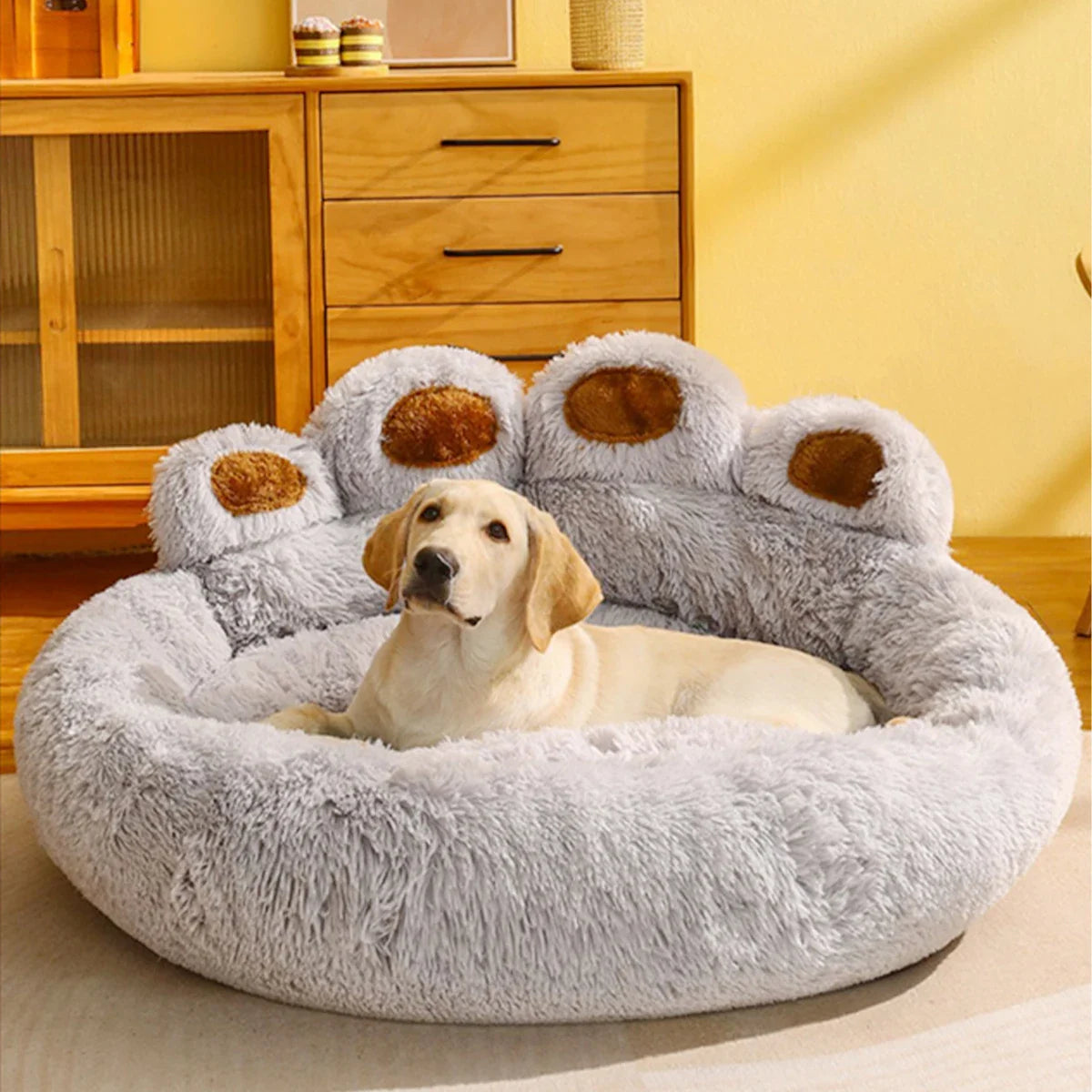 Hondenbed Pootafdruk – Fluffy Rond Ligbed met Anti-Slip Bodem voor Honden en Katten