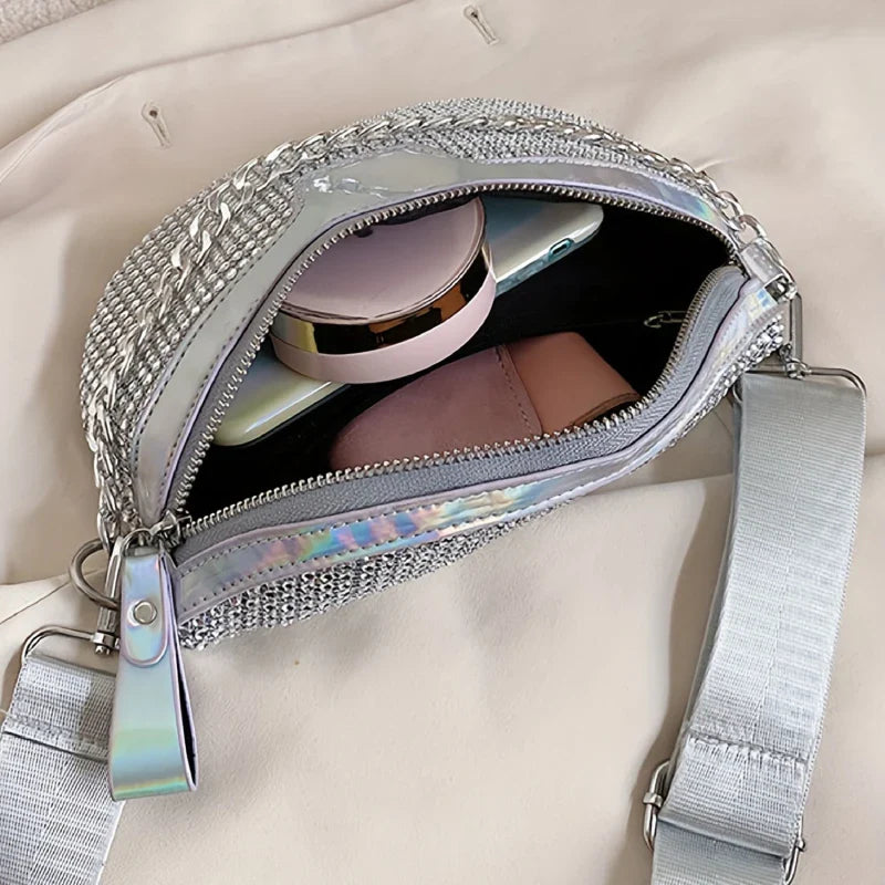 Glitter Schoudertas & Heuptas โ Zilver | Dames Crossbody Bag
