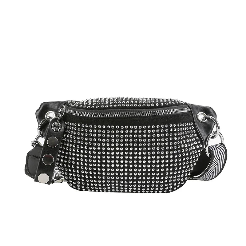 Zwarte Heuptas met Strass Steentjes – Crossbody Festival Bag met Schakelketting – Glam Streetstyle