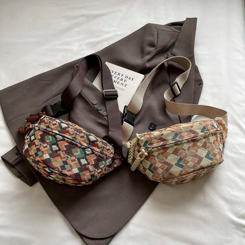 Geometrische Crossbody Bananentas – Stijlvolle Heuptas met Uniek Patroon