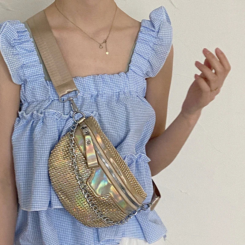 Luxe Crossbody Heuptas – Gouden Schoudertas met Strass Details