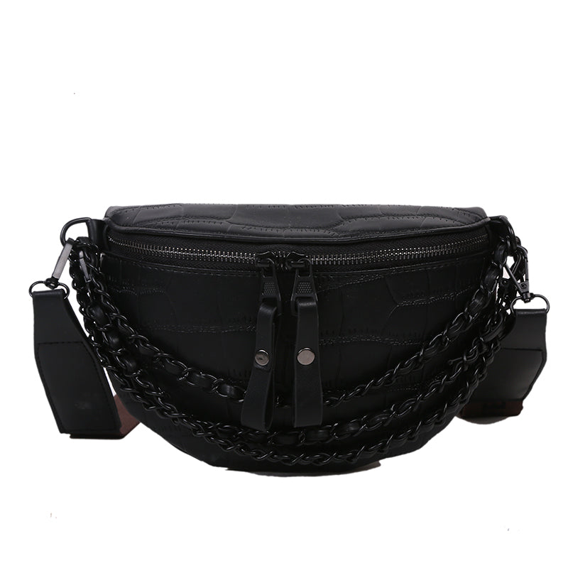 Trendy Crossbody Heuptas – Zwarte Schoudertas met Gevlochten Detail & Verstelbare Band