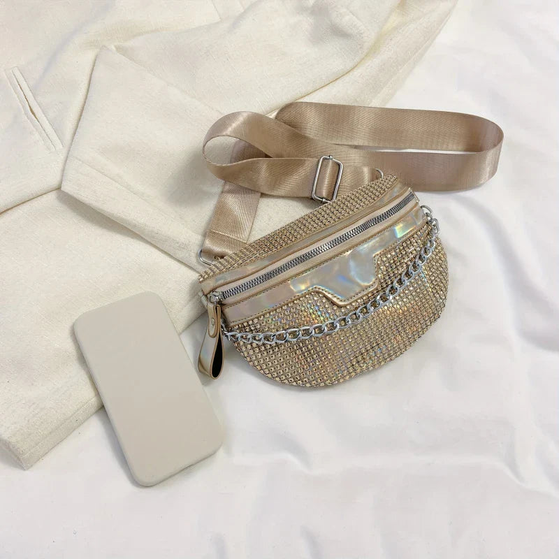 Luxe Crossbody Heuptas – Gouden Schoudertas met Strass Details
