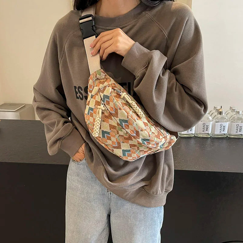 Geometrische Crossbody Bananentas – Stijlvolle Heuptas met Uniek Patroon