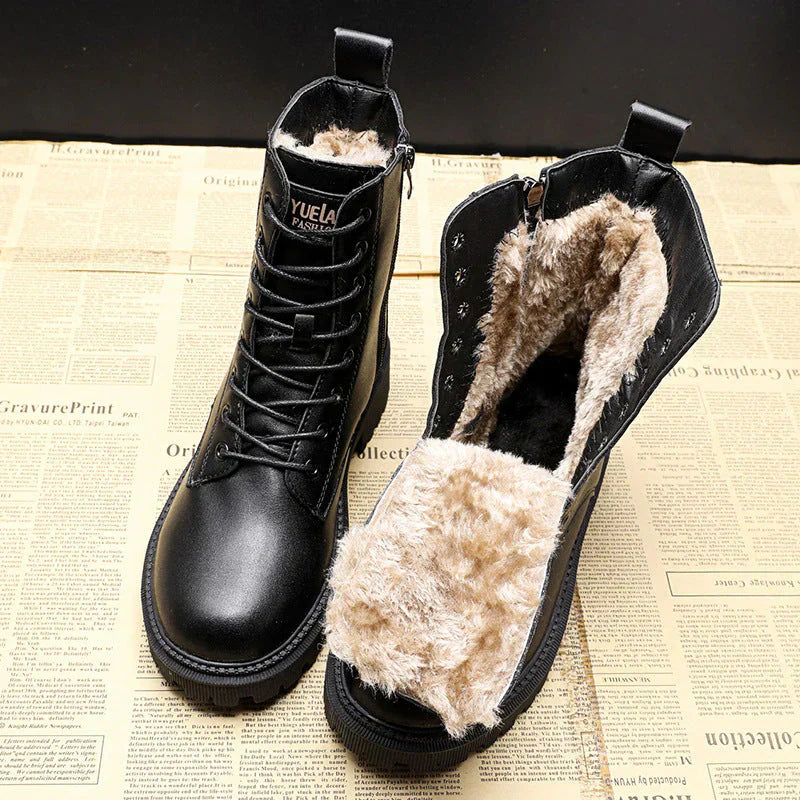 Dames Veterlaarzen met Warme Bontvoering – Zwarte Winterboots