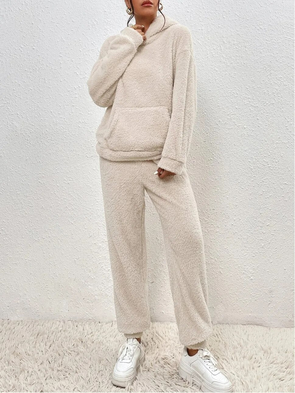 Fluffy Huispak Dames – Warme Teddy Loungewear Set met Hoodie