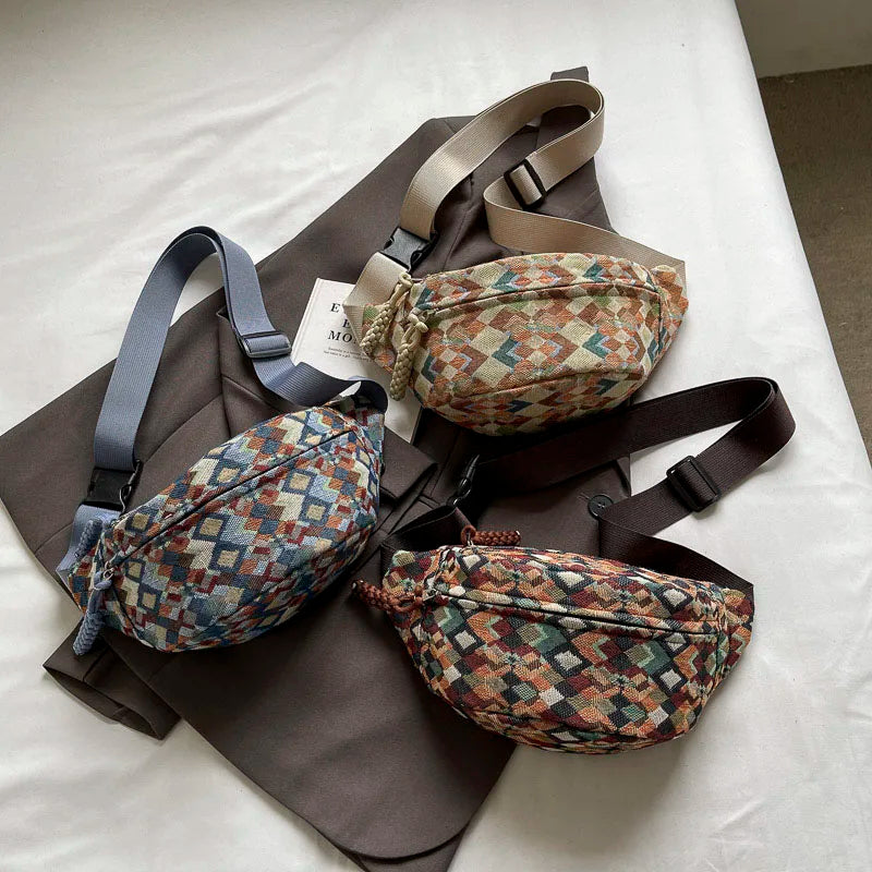 Geometrische Crossbody Bananentas – Stijlvolle Heuptas met Uniek Patroon