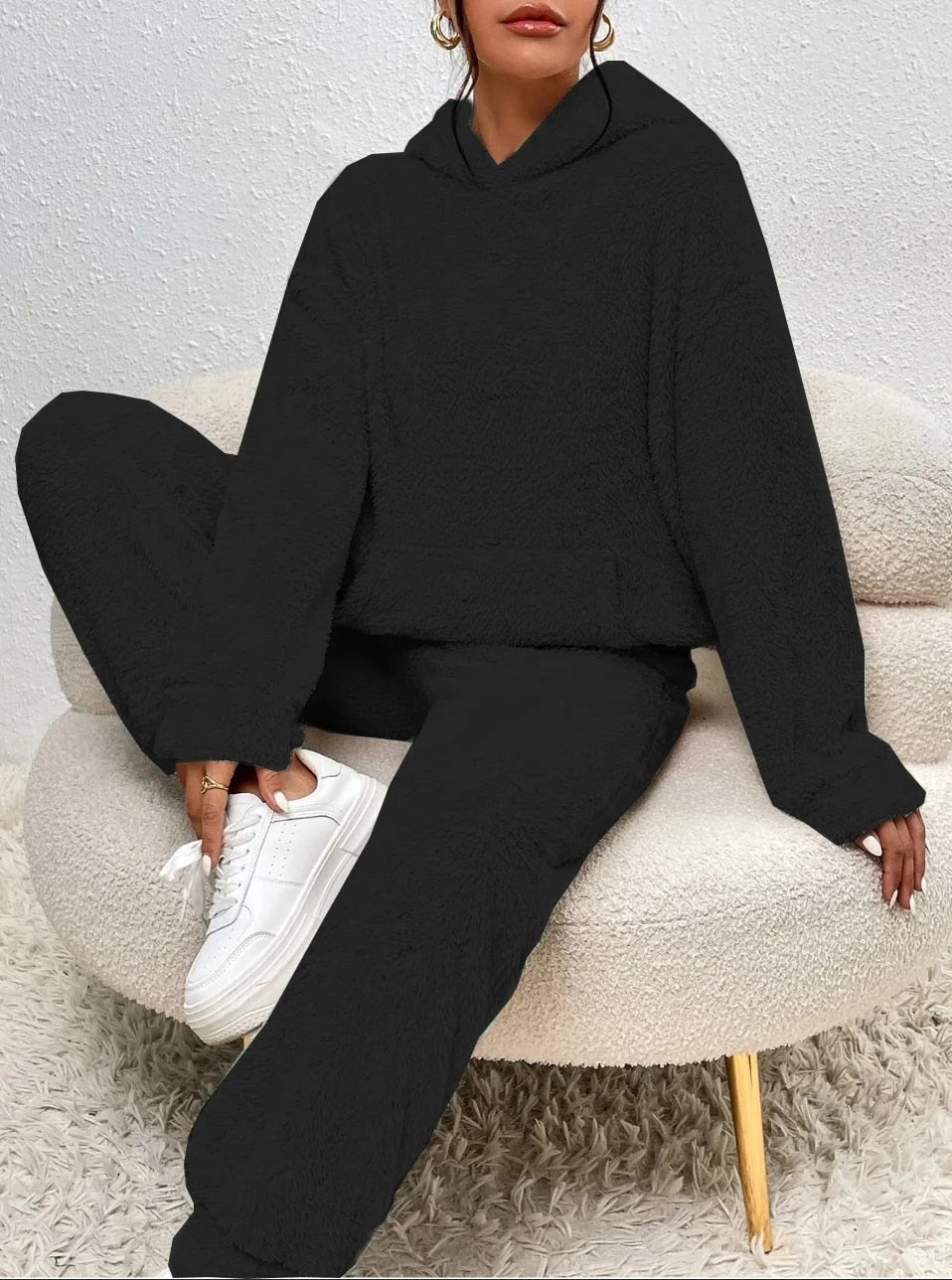 Fluffy Huispak Dames – Warme Teddy Loungewear Set met Hoodie