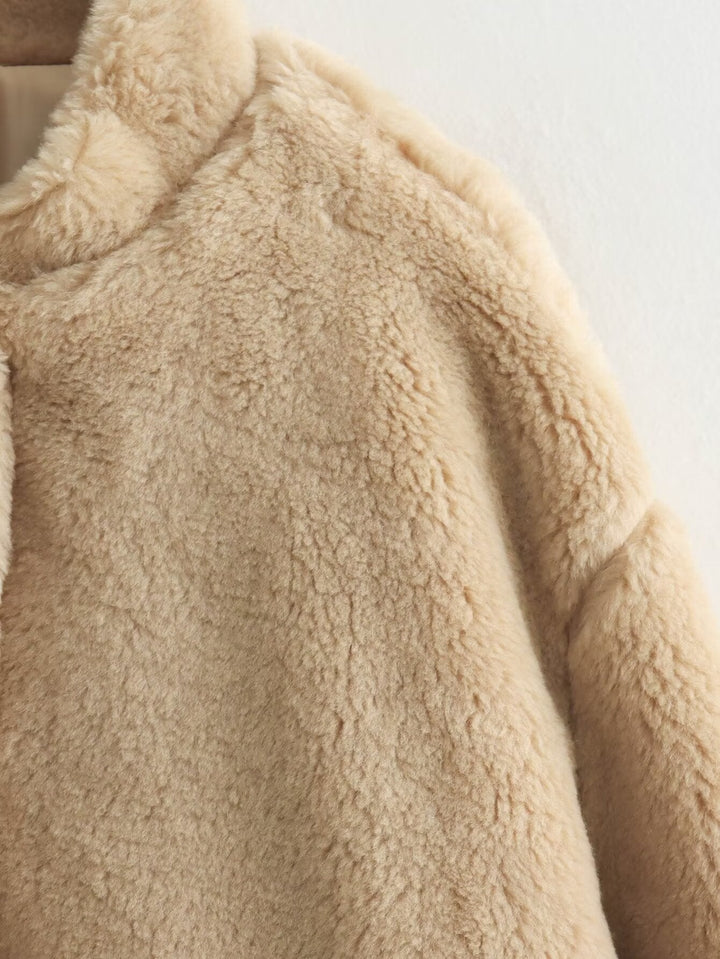 Dames Teddy Bomber Jas – Beige Winterjas van Zachte Fleece