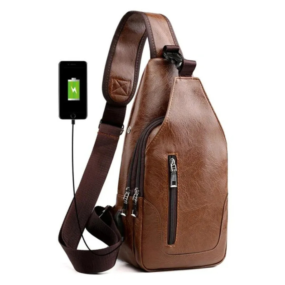 Luxe Leren Crossbody Tas – USB-Oplaadpoort & Anti-Diefstal Ontwerp