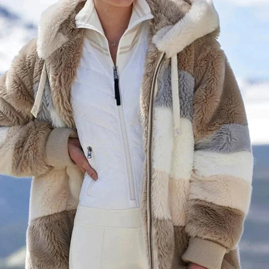Dames Teddy Jas met Strepen – Warme Zachte Winterjas met Capuchon