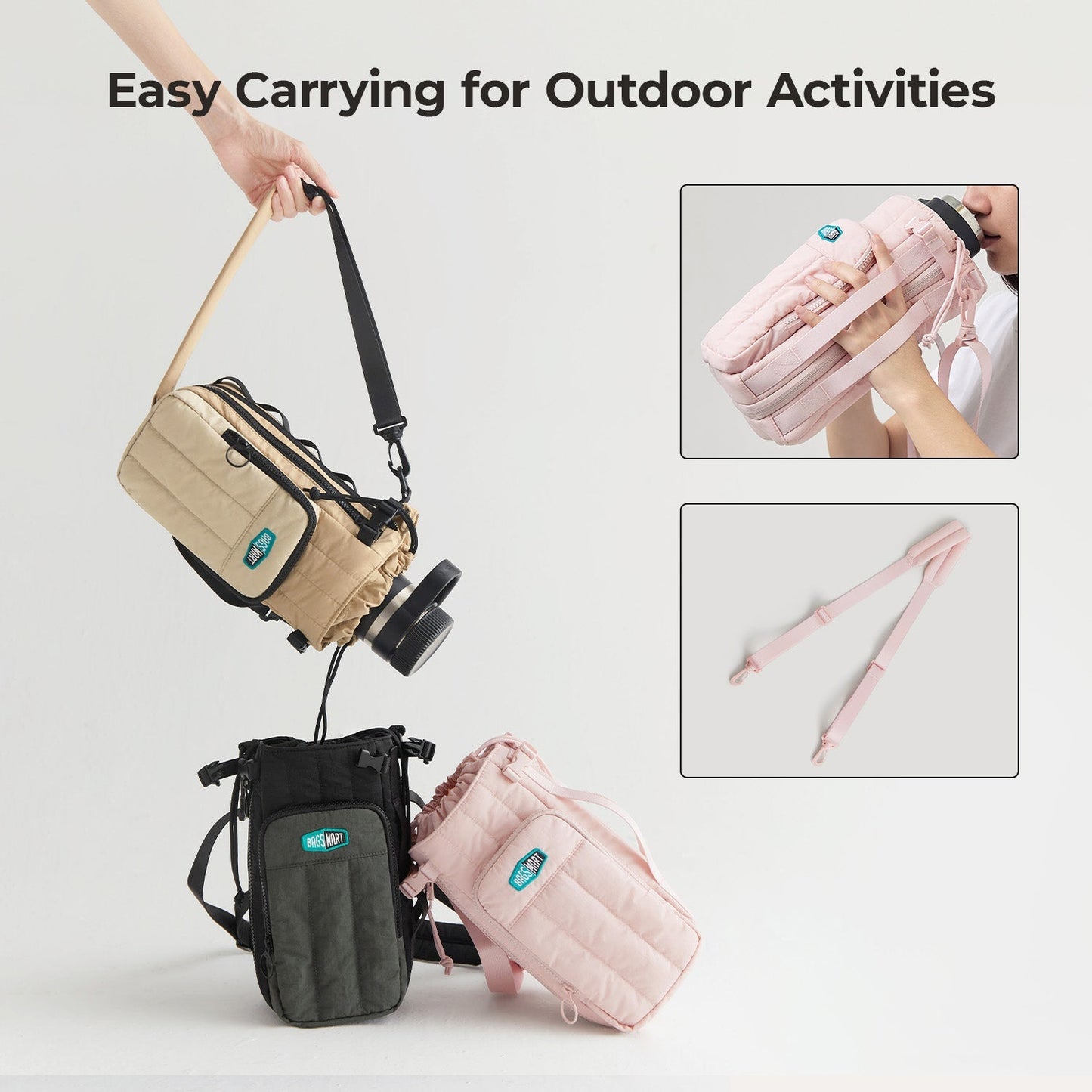 Roze Waterfles Draagtas – Verstelbare Crossbody voor Sport, Reizen & Outdoor