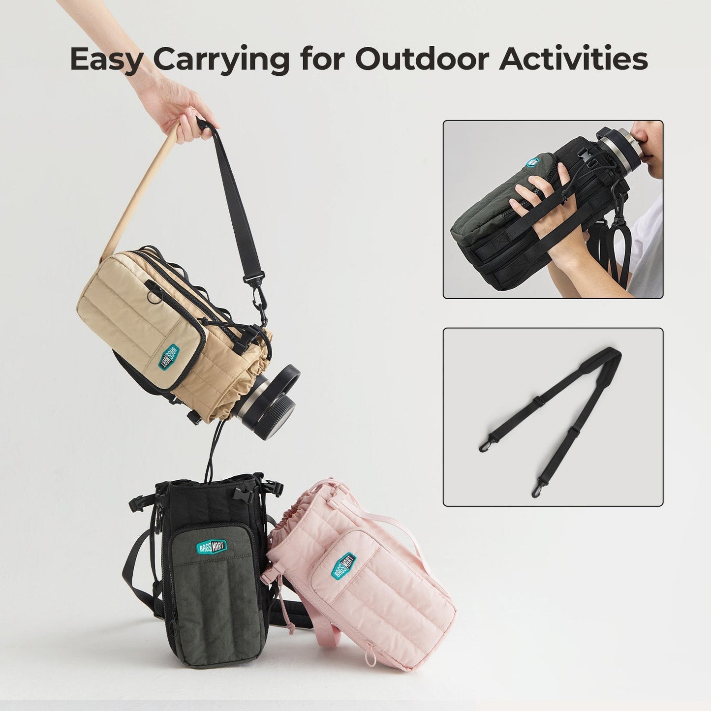 Roze Waterfles Draagtas – Verstelbare Crossbody voor Sport, Reizen & Outdoor