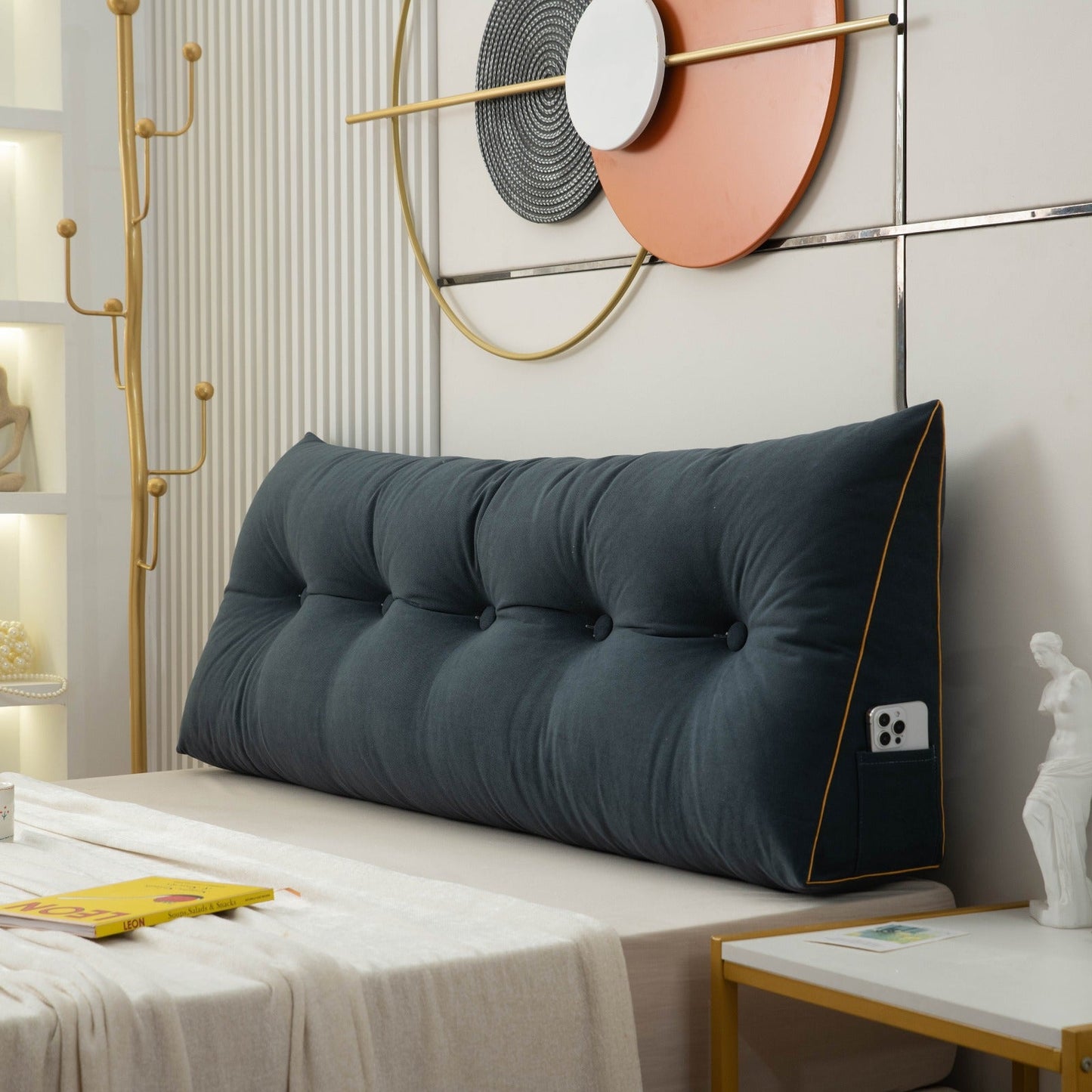 Bed Hoofdbord Kussen – Groot Rugsteun Kussen met Zijvakken voor Lezen en Relaxen