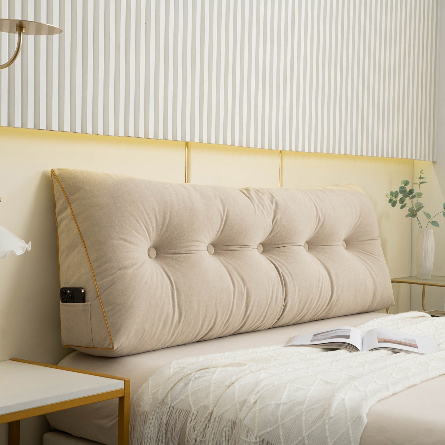 Bed Hoofdbord Kussen – Groot Rugsteun Kussen met Zijvakken voor Lezen en Relaxen