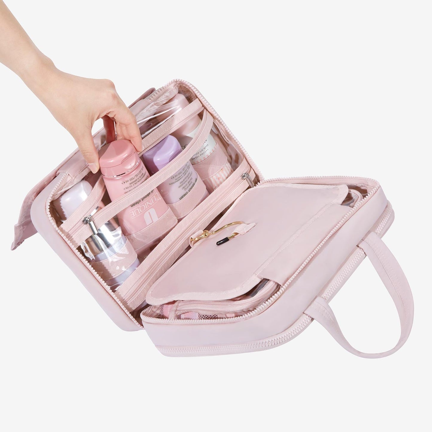 Lichtroze Hangende Toilettas met Gewatteerd Design – Organizer met Transparante Vakken & Haak