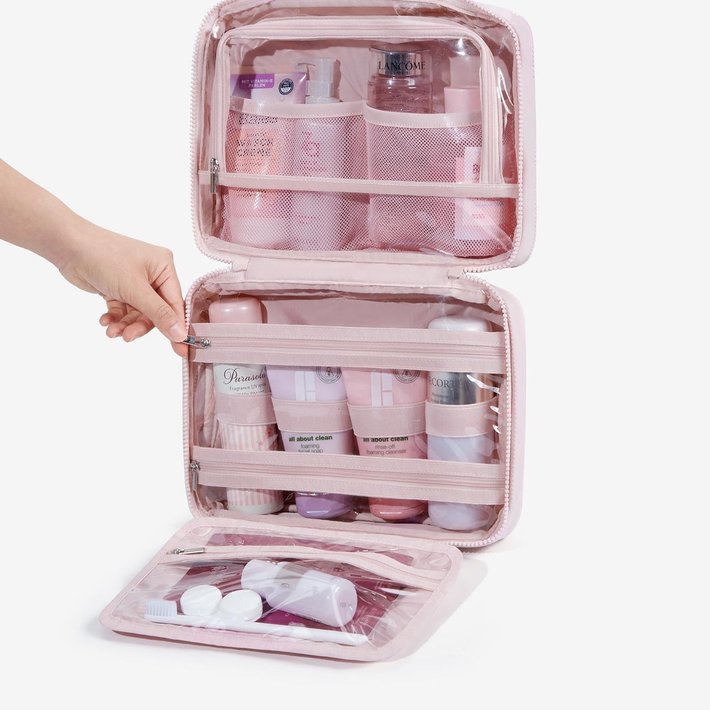 Lichtroze Hangende Toilettas met Gewatteerd Design – Organizer met Transparante Vakken & Haak