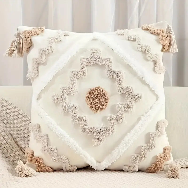 Boho Sierkussen met Patronen en Franjes – Decoratief Kussen in Beige