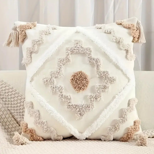 Boho Sierkussen met Patronen en Franjes – Decoratief Kussen in Beige