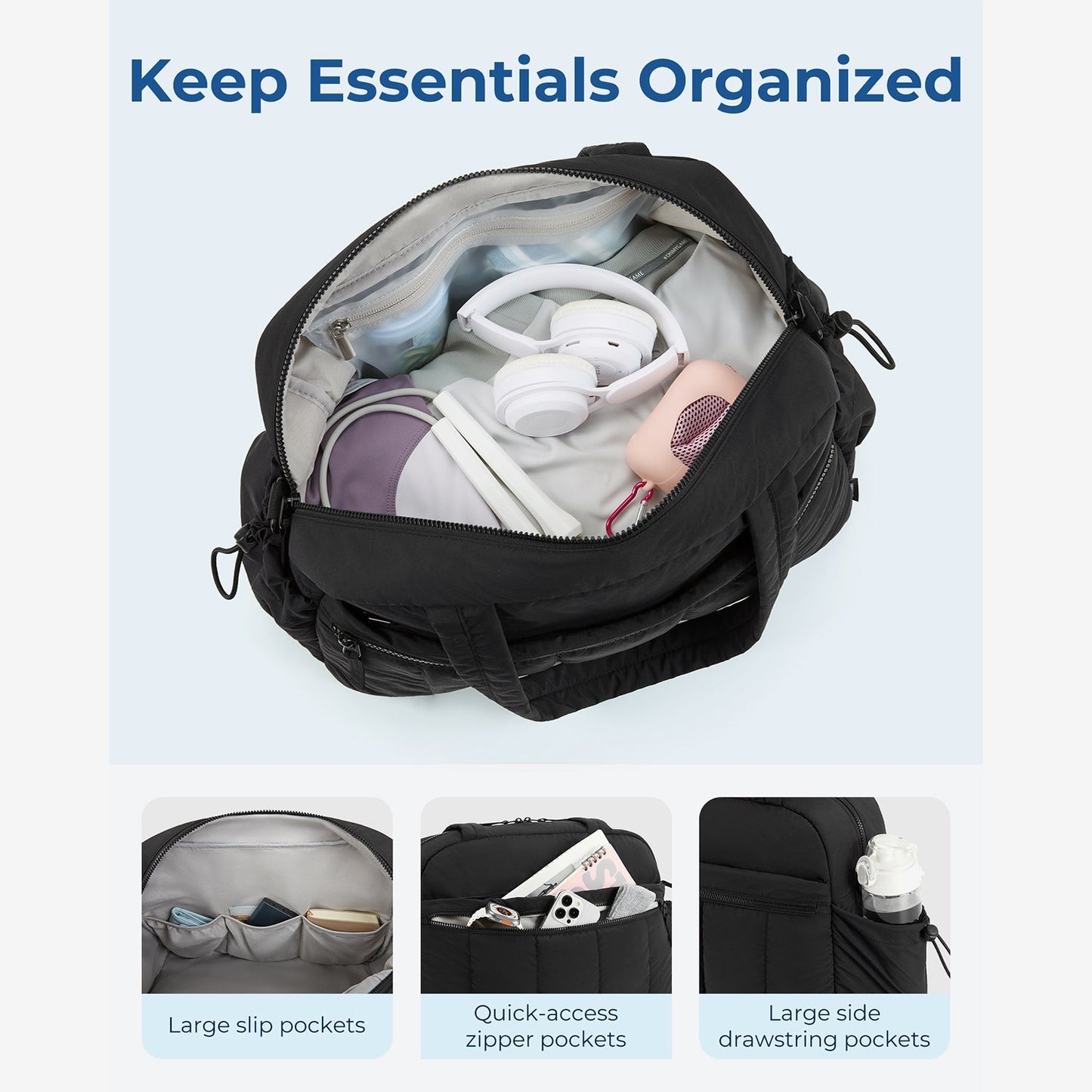 Zwarte Reistas voor Handbagage – Lichtgewicht & Waterafstotend met Trolley-strap & PVC-vak – Ideaal voor Reizen & Gym