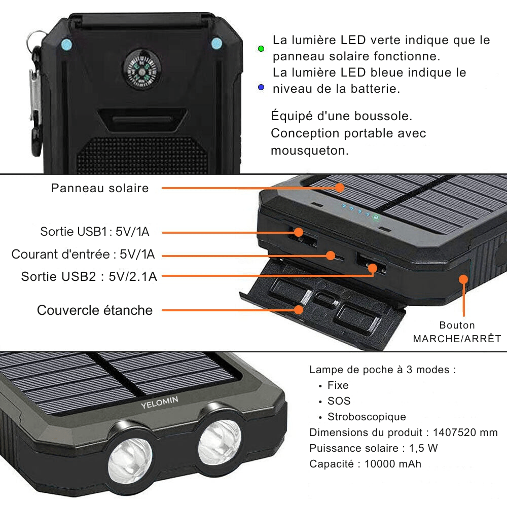 Solar Powerbank – 20.000mAh Draagbare Oplader met Zonnepaneel & LED Lamp
