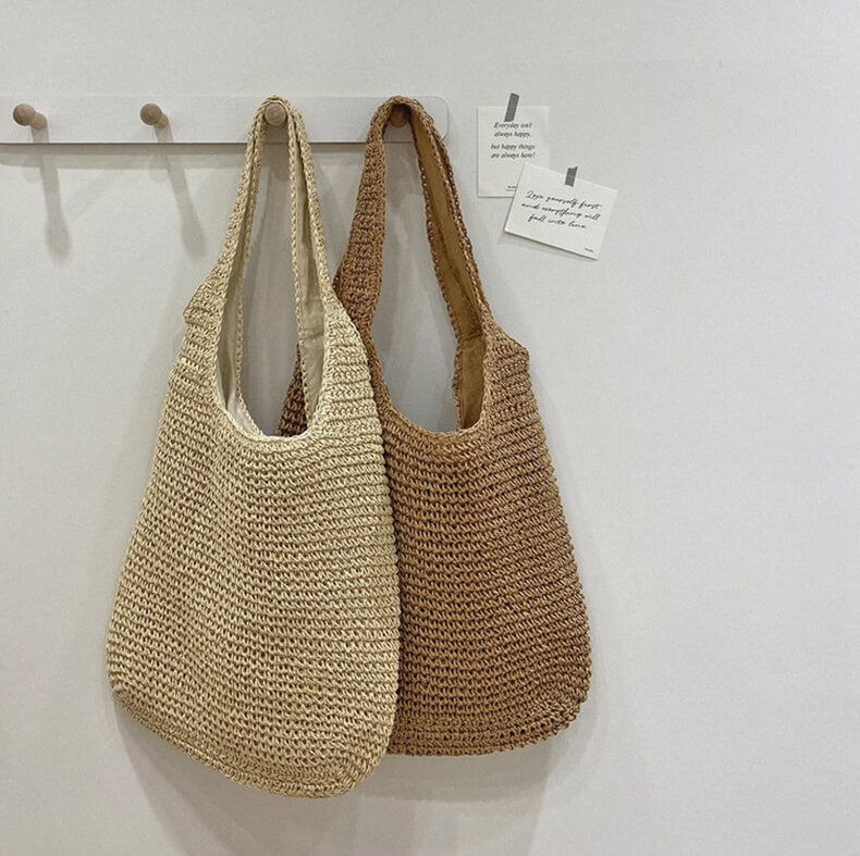 Bohemian Strandtas – Grote Rieten Shopper met Rits, Duurzaam Geweven