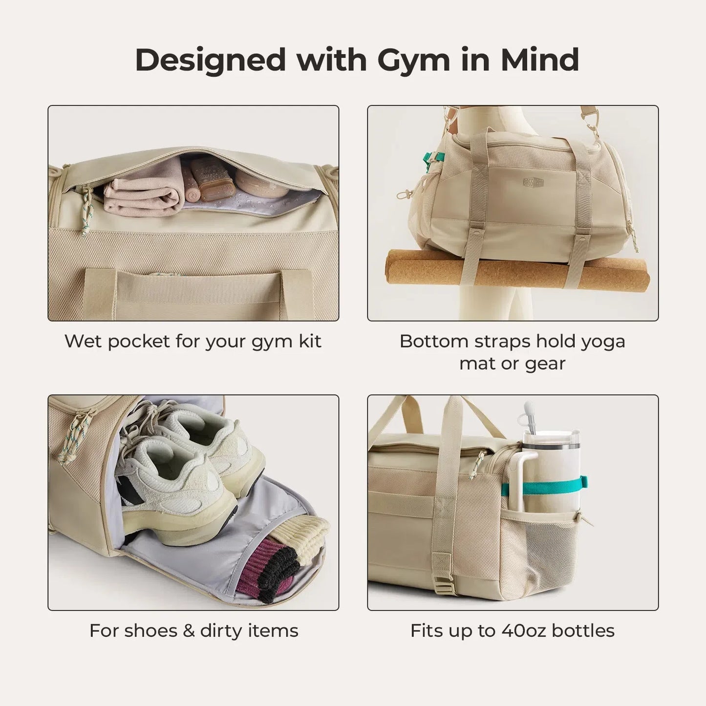 Beige Duffeltas 36L – Waterafstotende Sport- & Reistas met Schoenenvak en Meerdere Vakken voor Gym & Reizen