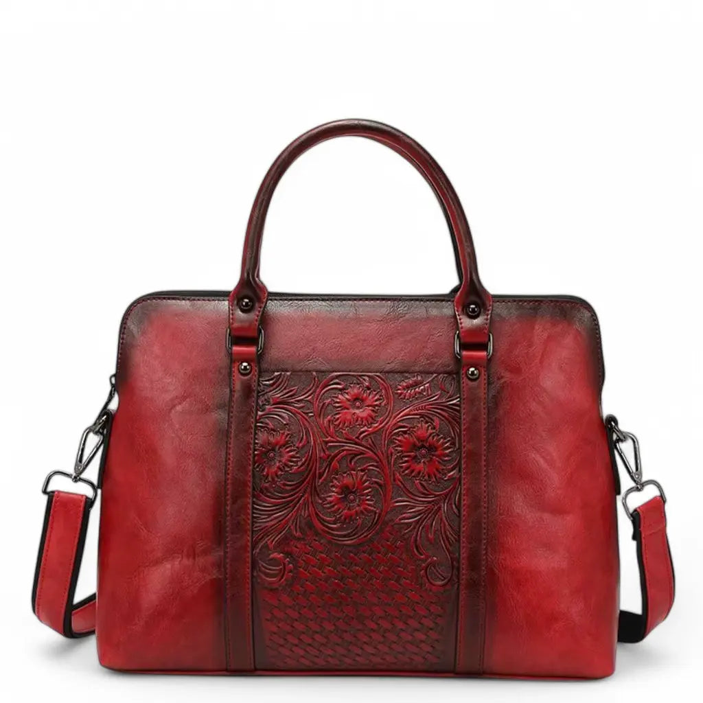 Leren vintage laptoptas dames 14 inch – Elegant met bloemmotief & tijdloze stijl