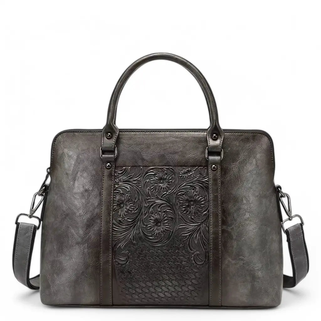 Leren vintage laptoptas dames 14 inch – Elegant met bloemmotief & tijdloze stijl