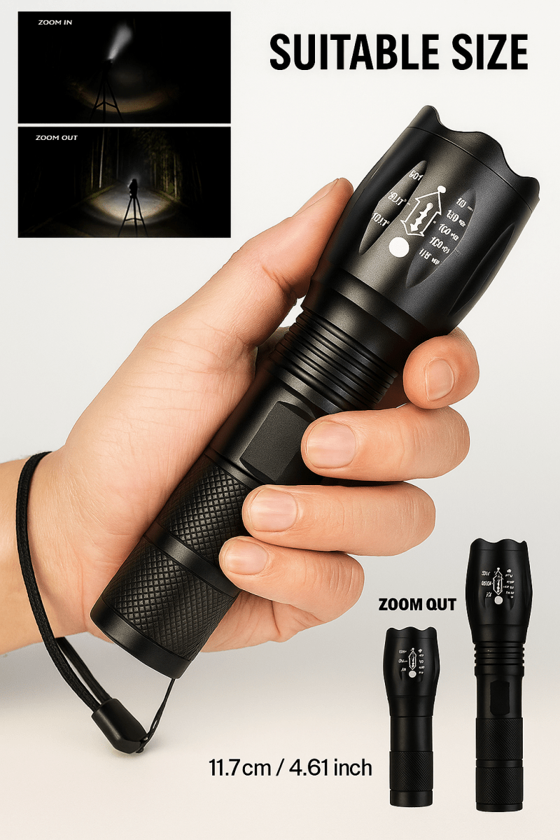 Tactische LED Zaklamp – Superhelder, Zoomfunctie & 5 Lichtmodi – Waterdicht en Compact