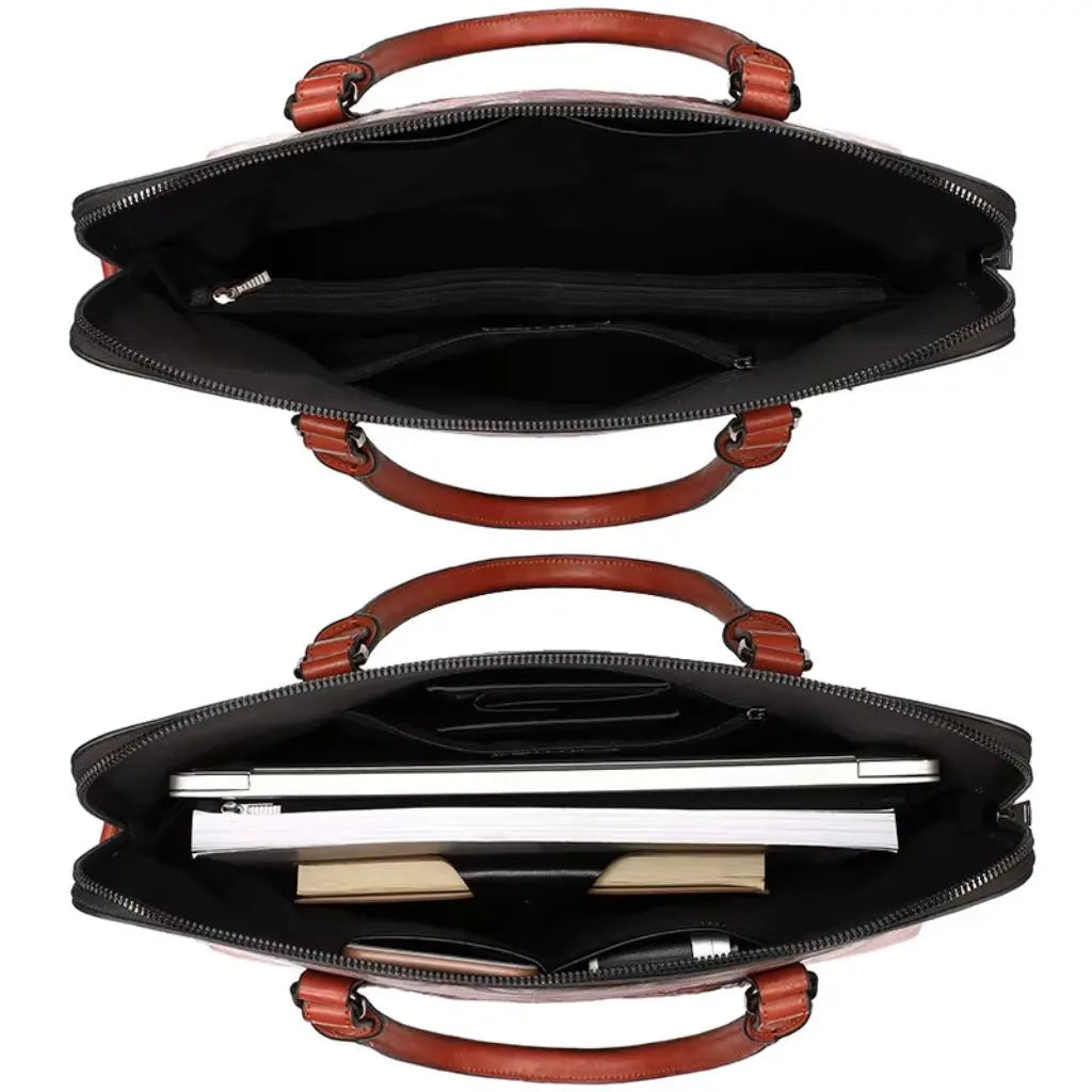 Leren vintage laptoptas dames 14 inch – Elegant met bloemmotief & tijdloze stijl