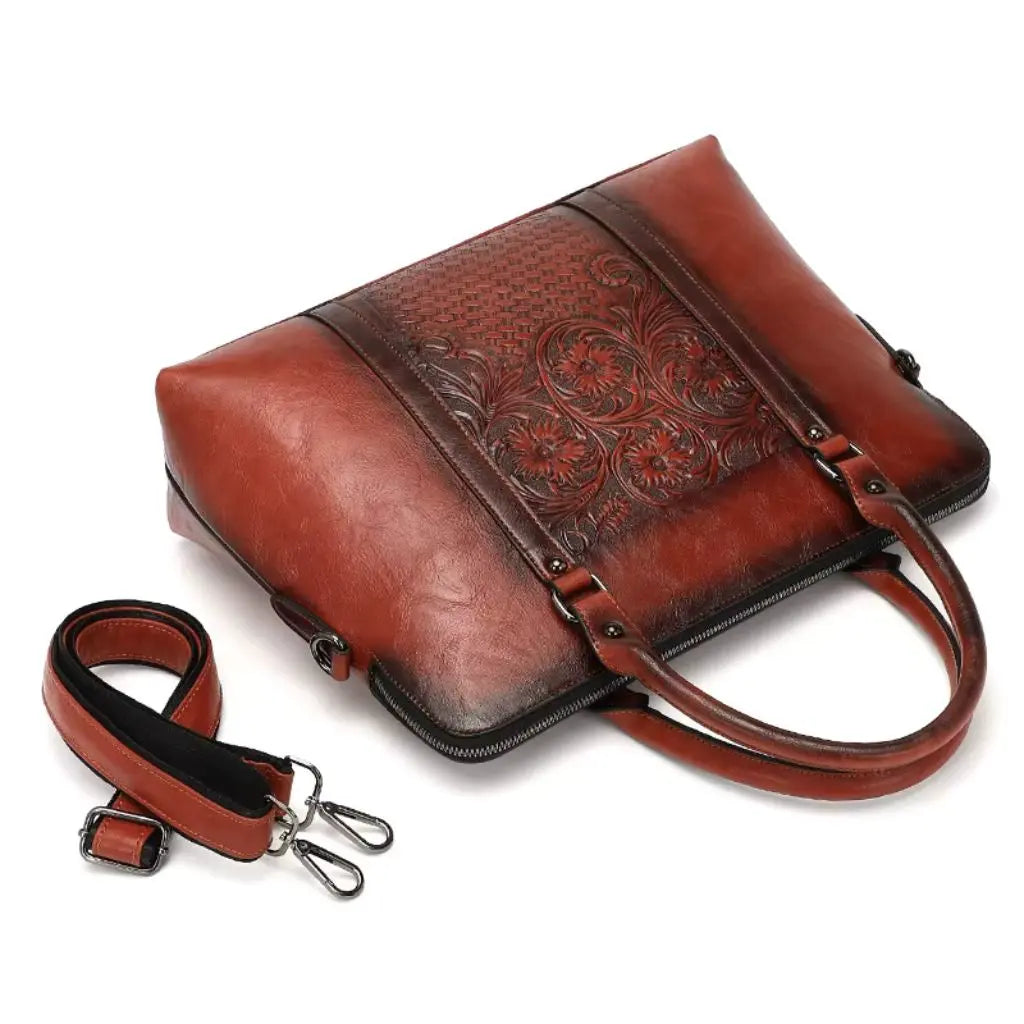 Leren vintage laptoptas dames 14 inch – Elegant met bloemmotief & tijdloze stijl