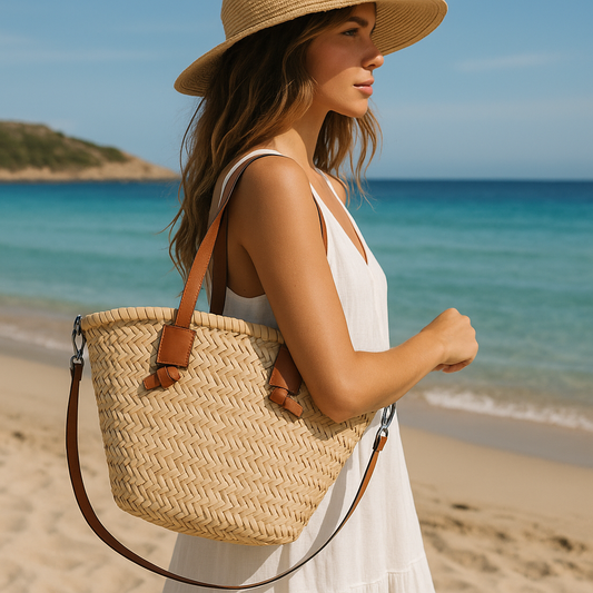 Rieten Strandtas met Leren Details – Stijlvolle Zomertas met Schouderriem