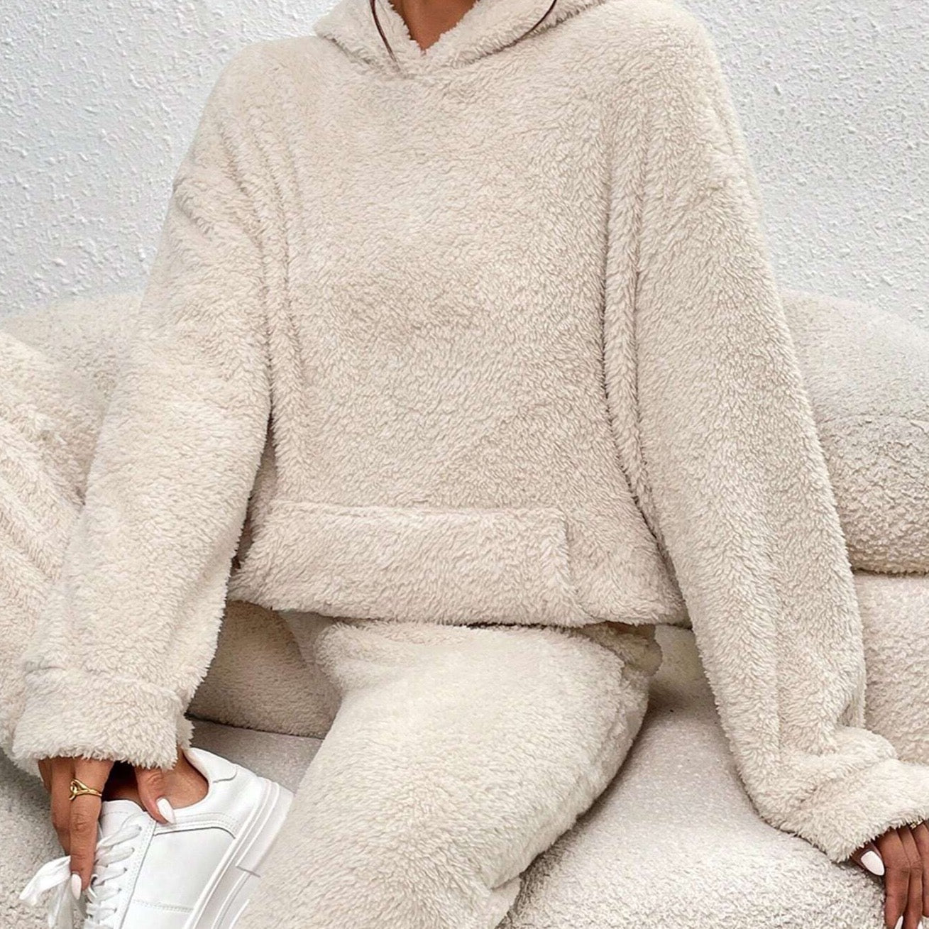 Fluffy Huispak Dames – Warme Teddy Loungewear Set met Hoodie