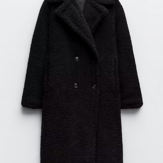 Dames Lange Mantel - Teddy Stof - Oversized Pasvorm - Dubbelrijige Sluiting