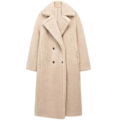Dames Lange Mantel - Teddy Stof - Oversized Pasvorm - Dubbelrijige Sluiting
