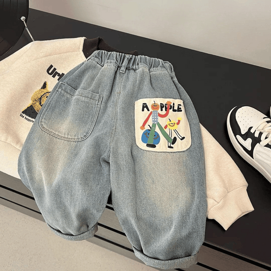 Kinder Jeans met Patch – Comfortabele Baggy Spijkerbroek voor Jongens & Meisjes