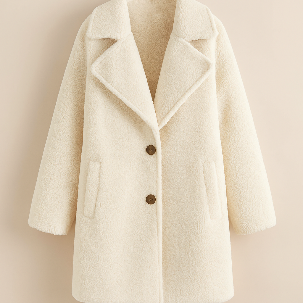 Elegante Witte Teddy Jas Dames – Lange Winterjas met Kraag